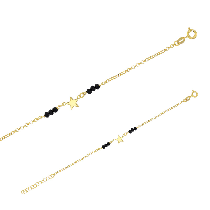 Bracelet en argent 925/1000 doré motif étoile et pierres synthétiques facettées noires
