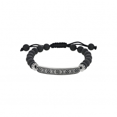 Bracelet en Argent rhodié 925/1000 et cordon nylon noir et agate noire