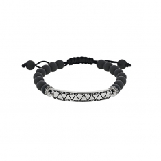 Bracelet en Argent rhodié 925/1000 et cordon nylon noir et agate noire