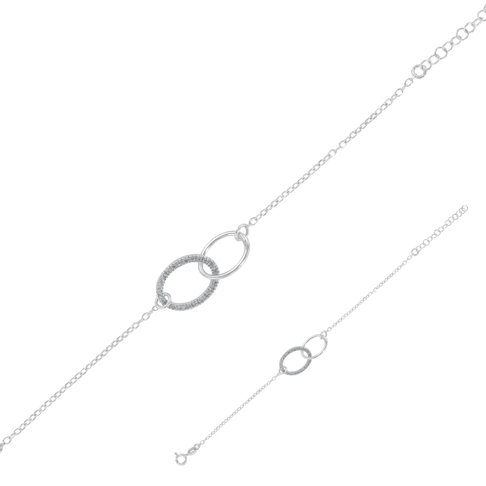 Bracelet en argent rhodié 925/1000 avec 2 anneaux ovales entrecroisés et oxydes de zirconium