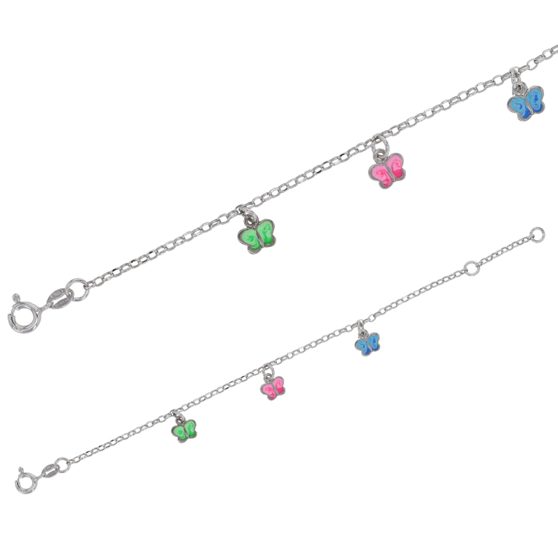 Bracelet en Argent 925/1000 rhodié avec pampilles papillons en émail vert, rose et bleu