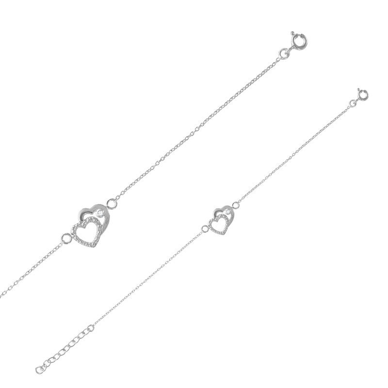 Bracelet en argent 925/1000 rhodié - double coeurs avec oxydes de zirconium