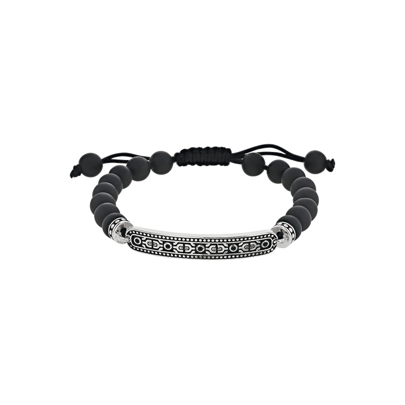 Bracelet en Argent rhodié 925/1000 et cordon nylon noir et agate noire