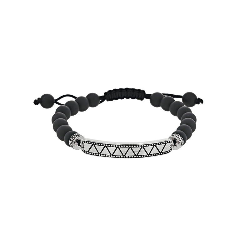 Bracelet en Argent rhodié 925/1000 et cordon nylon noir et agate noire