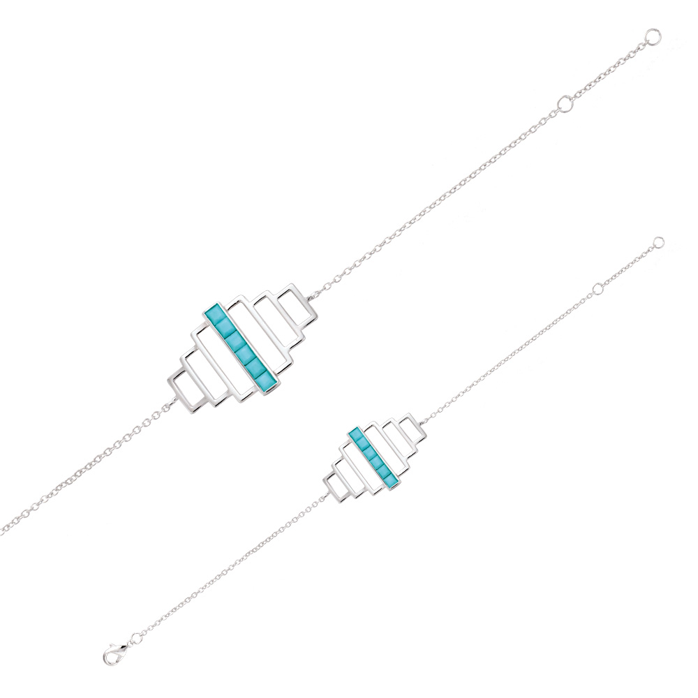 Bracelet en Argent rhodié 925/1000 forme géométrique avec pierres synthétique de couleur turquoise