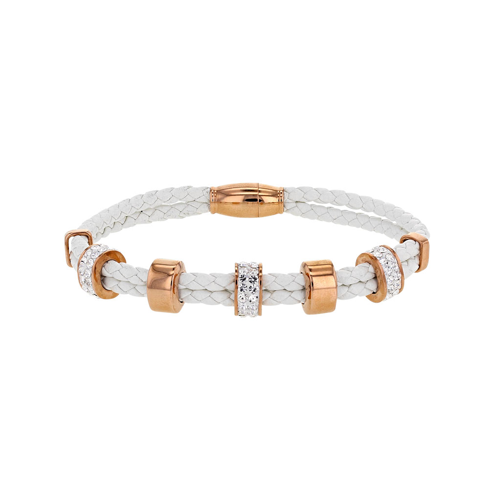 Bracelet en cordon synthétique blanc et perles acier doré-rose ornées de pierres synthétiques