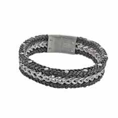 Bracelet en cuir de bovin noir avec une chaîne en acier gris