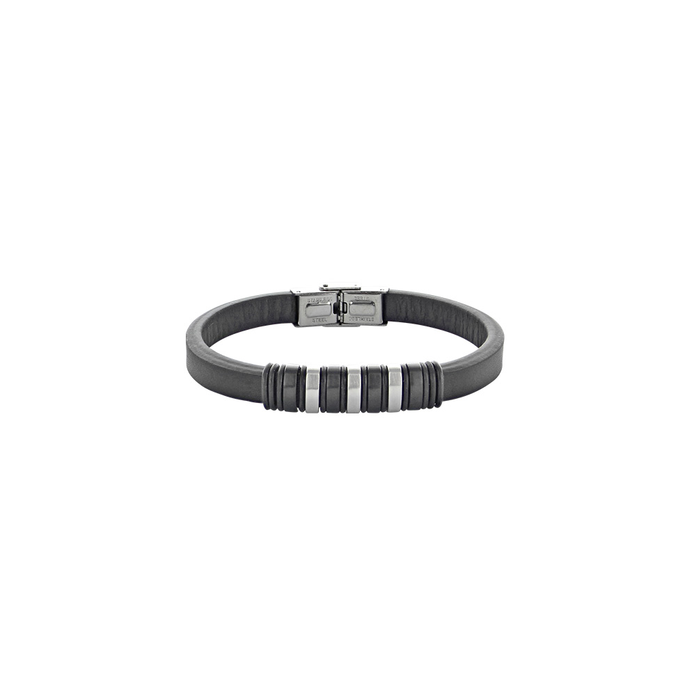 Bracelet en cuir de bovin orné d'éléments acier couleur acier et noir