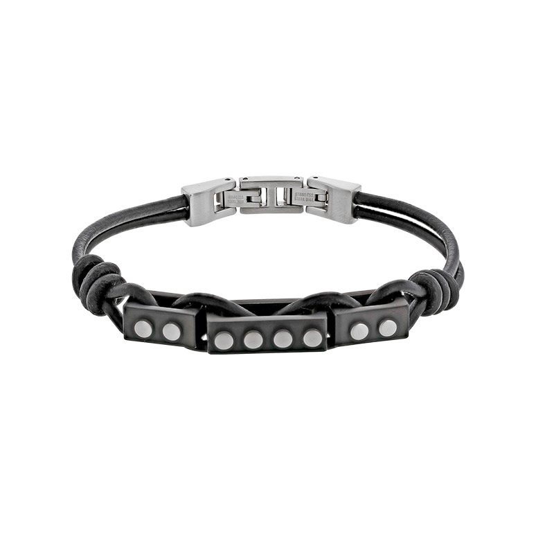 Bracelet en cuir de bovin orné de plaques à effet clouté en acier