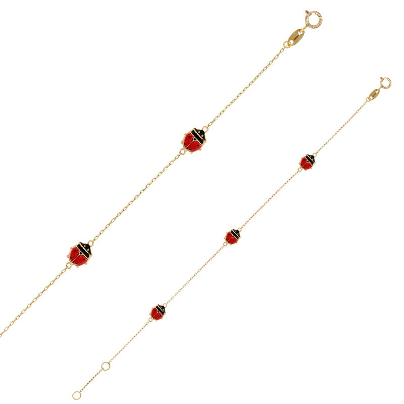 Bracelet en Or 375/1000 - coccinelles en émail rouge