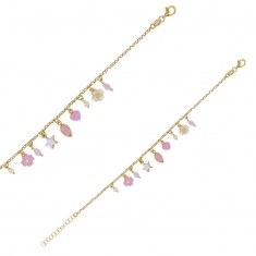 Bracelet en pampille avec fleurs, coeur, étoile en perles synthétiques, argent 925/1000 doré
