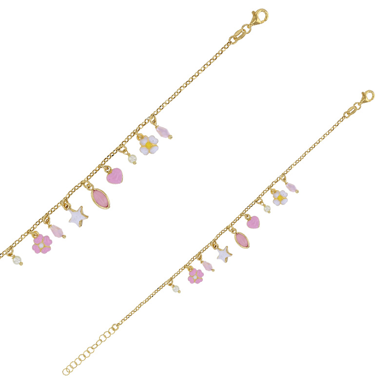 Bracelet en pampille avec fleurs, coeur, étoile en perles synthétiques, argent 925/1000 doré