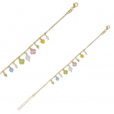Bracelet en pampille fleurs et coeurs en émail bleu, vert et rose, argent 925/1000 doré