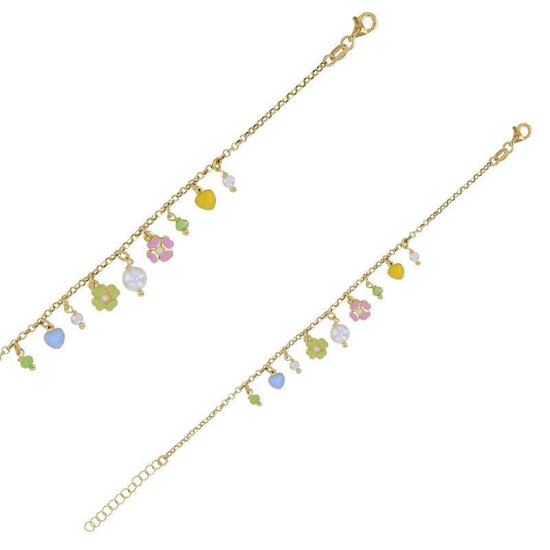 Bracelet en pampille fleurs et coeurs en émail bleu, vert et rose, argent 925/1000 doré