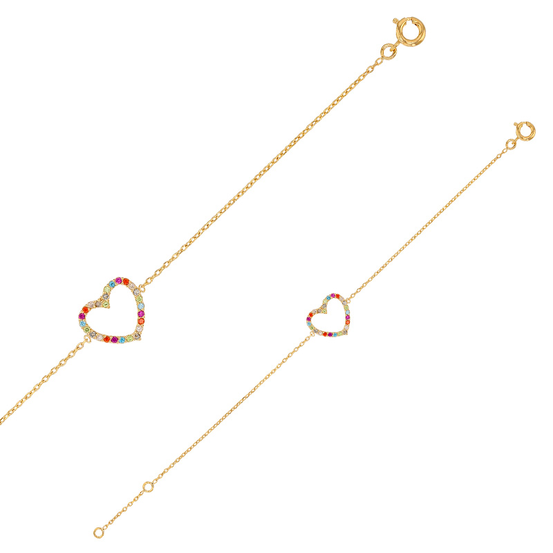 Bracelet en plaqué or, en forme de coeur ajouré, orné d'oxydes de zirconium de couleurs
