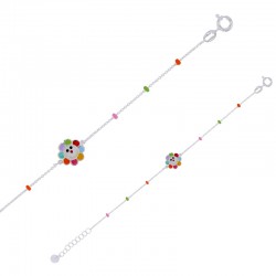 Bracelet enfant boules et fleur  émail bleu vert orange violet maille forçat argent 925/1000