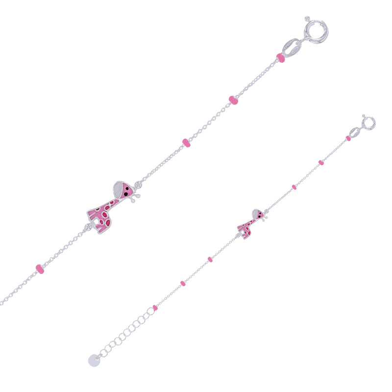 Bracelet enfant boules et girafe en émail blanc rose rouge argent 925/1000