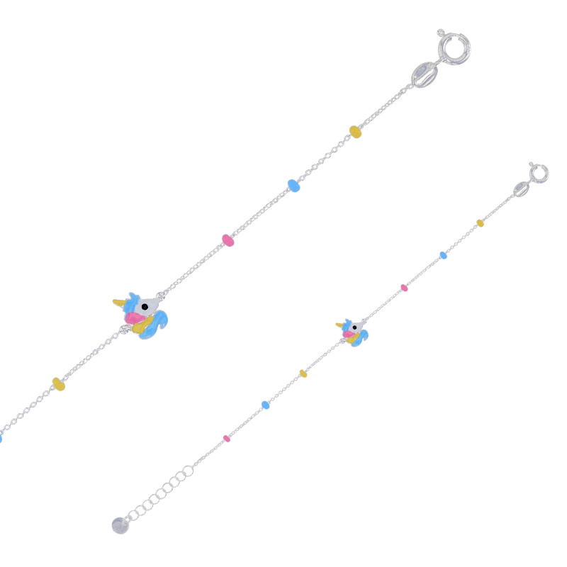 Bracelet enfant boules et licorne émail rose bleu jaune maille forçat, argent 925/1000