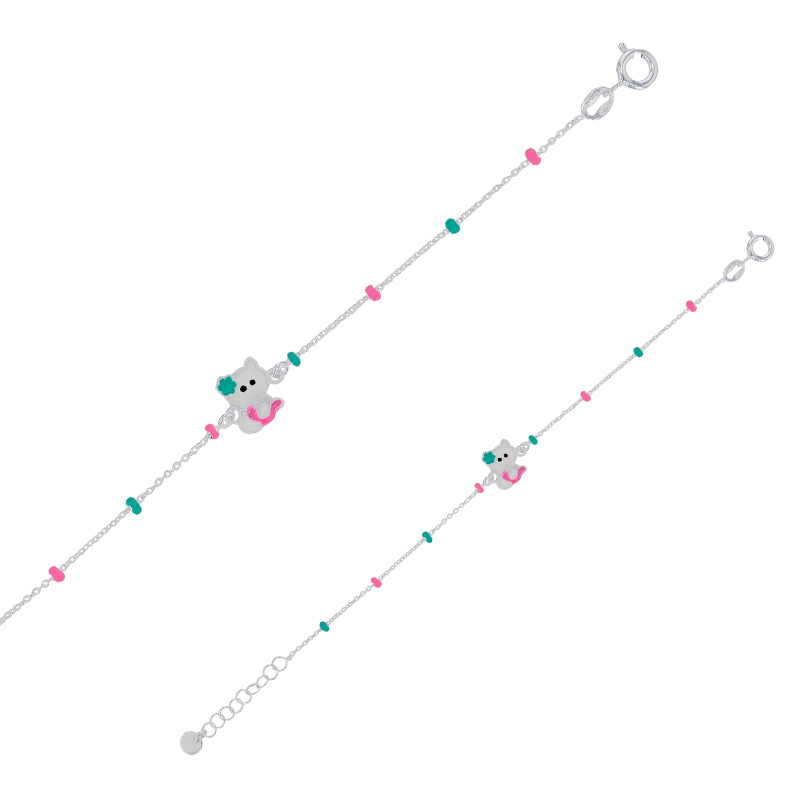 Bracelet enfant boules et pendentif chat en émail blanc vert rose argent 925/1000