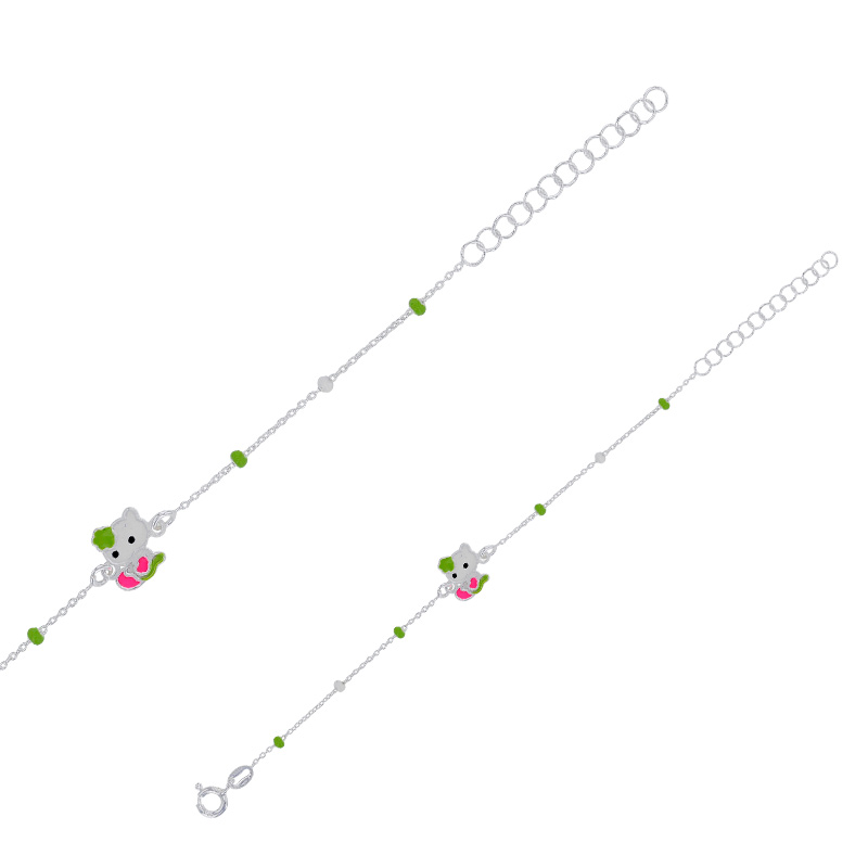 Bracelet enfant boules et pendentif chat en émail blanc vert rose, argent 925/1000