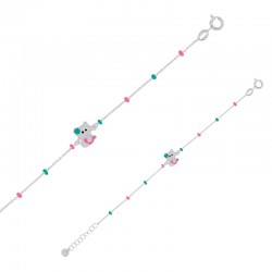 Bracelet enfant boules et pendentif chat en émail blanc vert rose argent 925/1000