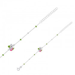 Bracelet enfant boules et pendentif chat en émail blanc vert rose, argent 925/1000