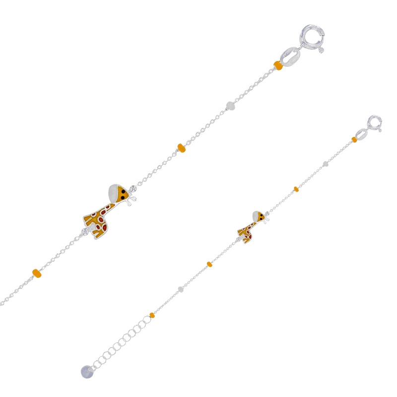 Bracelet enfant boules et pendentif girafe en émail jaune rouge noir blanc, argent 925/1000