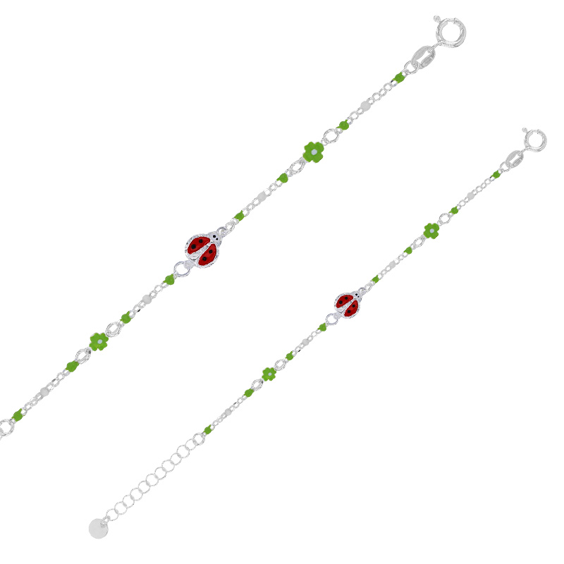Bracelet enfant coccinelle et fleurs, émail rouge et vert, maille jaseron, argent 925/1000