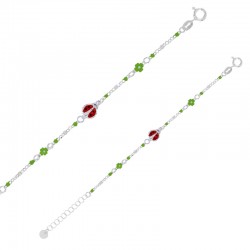 Bracelet enfant coccinelle et fleurs, émail rouge et vert, maille jaseron, argent 925/1000