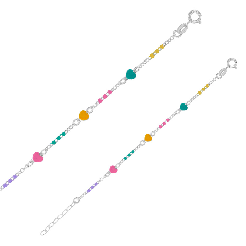 Bracelet enfant coeurs et boules, émail jaune, vert, rose et violet maille jaseron, argent 925/1000
