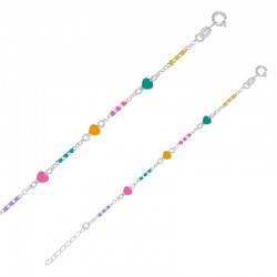 Bracelet enfant coeurs et boules, émail jaune, vert, rose et violet maille jaseron, argent 925/1000
