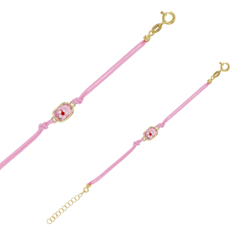 Bracelet enfant cordon coton rose, rectangle en cristal avec fleur en émail, argent 925/1000 doré