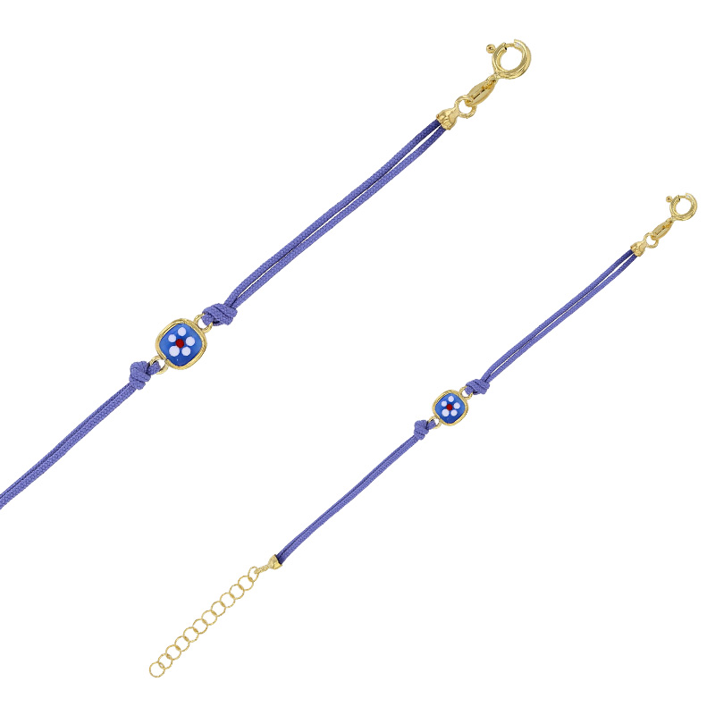 Bracelet enfant cordon coton rose, rectangle en cristal avec fleur en émail, argent 925/1000 doré