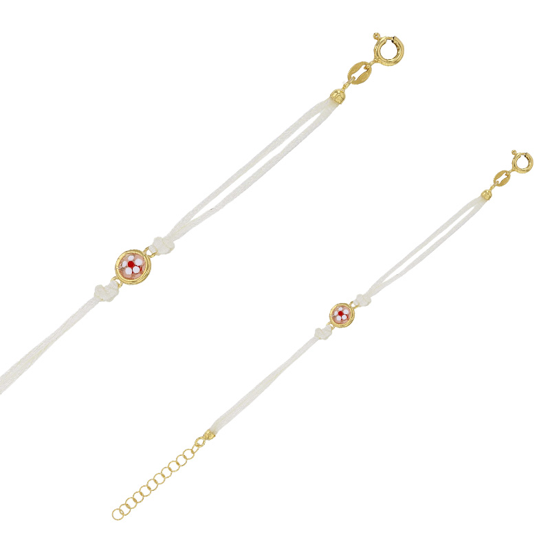Bracelet enfant cordon coton rose, rectangle en cristal avec fleur en émail, argent 925/1000 doré