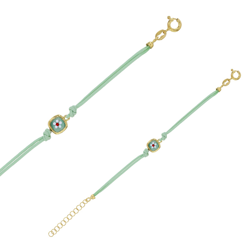 Bracelet enfant cordon coton rose, rectangle en cristal avec fleur en émail, argent 925/1000 doré