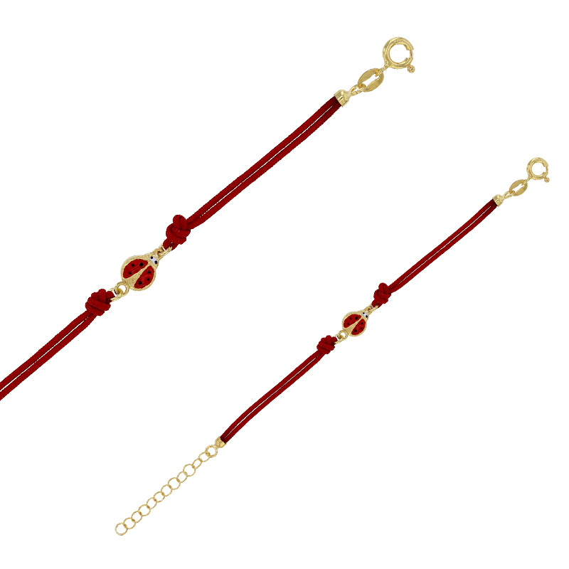 Bracelet enfant cordon coton rose, rectangle en cristal avec fleur en émail, argent 925/1000 doré