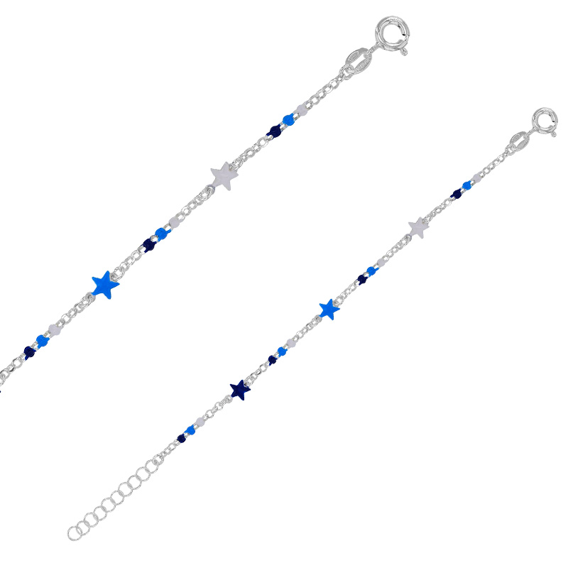Bracelet enfant étoiles et boules émail bleu ciel et bleu marine, maille jaseron, argent 925/1000