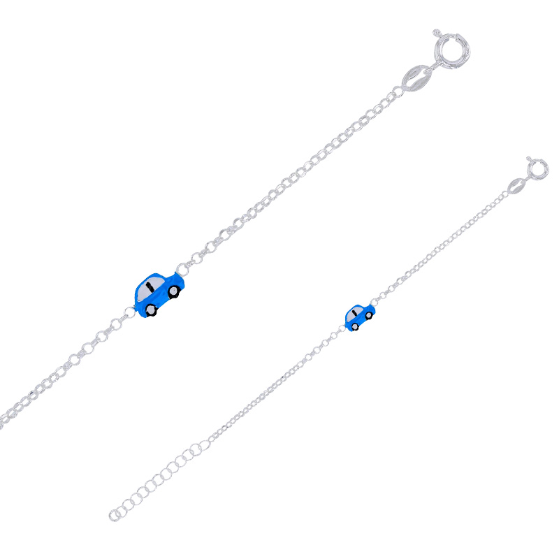 Bracelet enfant voiture en  email bleu blanc noir maille jaseron, argent 925/1000