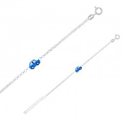 Bracelet enfant voiture en  email bleu blanc noir maille jaseron, argent 925/1000