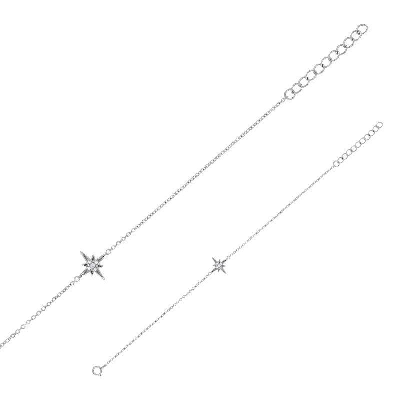 Bracelet étoile sertie d'oxydes et perlées, argent 925/1000 rhodié
