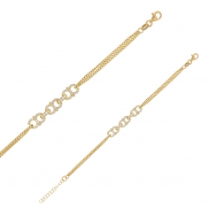 Bracelet fantaisie forme huit, oxydes et maille gourmette argent 925/1000 doré