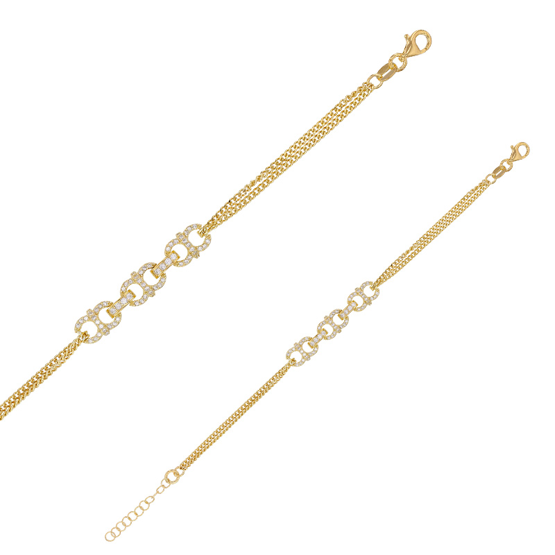 Bracelet fantaisie forme huit, oxydes et maille gourmette argent 925/1000 doré