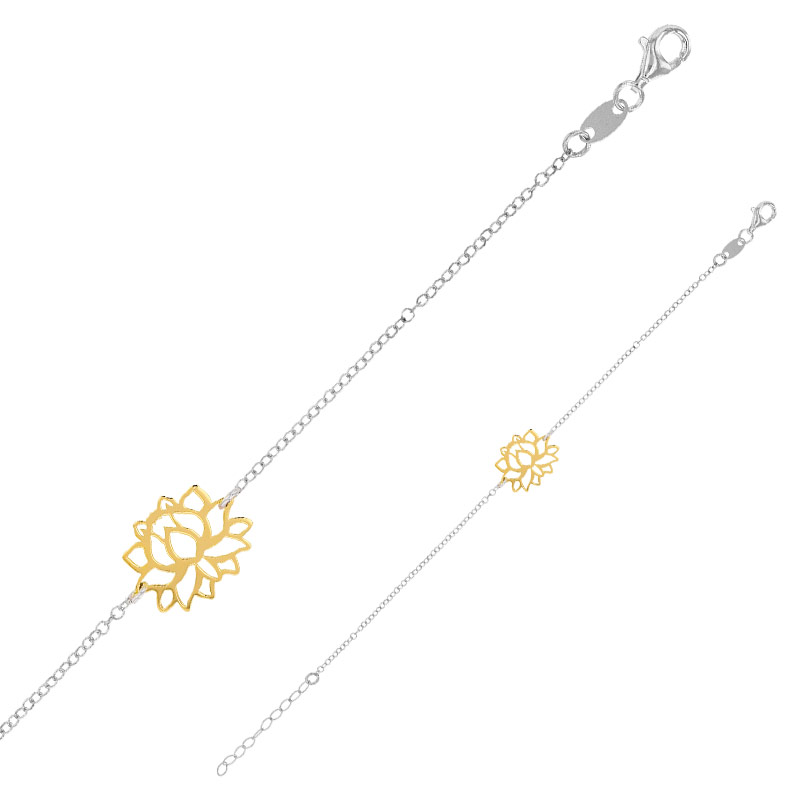 Bracelet fleur de lotus argent 925/1000 doré, chaîne argent 925/1000 rhodié