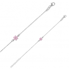 Bracelet fleur émail rose et verre maille perlée et diamantée argent 925/1000 rhodié