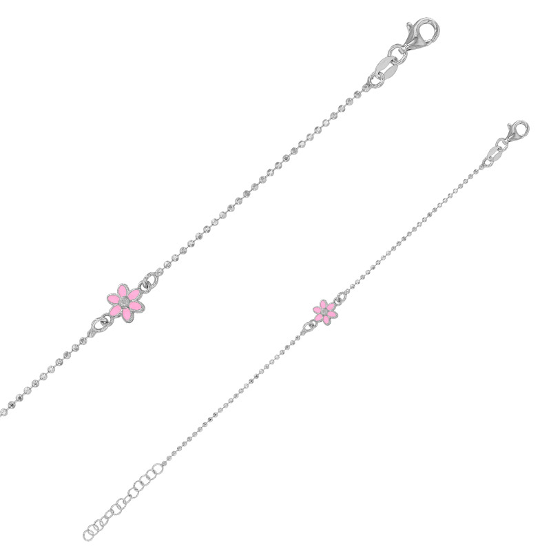 Bracelet fleur émail rose et verre maille perlée et diamantée argent 925/1000 rhodié