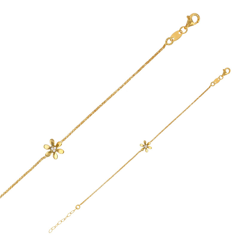 Bracelet fleur orné d'oxydes de zirconium, argent 925/1000 doré