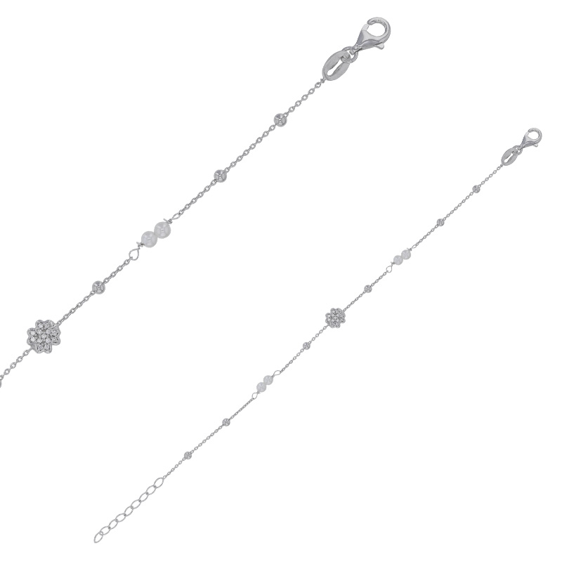 Bracelet fleur ornée d'oxydes, perles de culture d'eau douce, argent 925/1000 rhodié