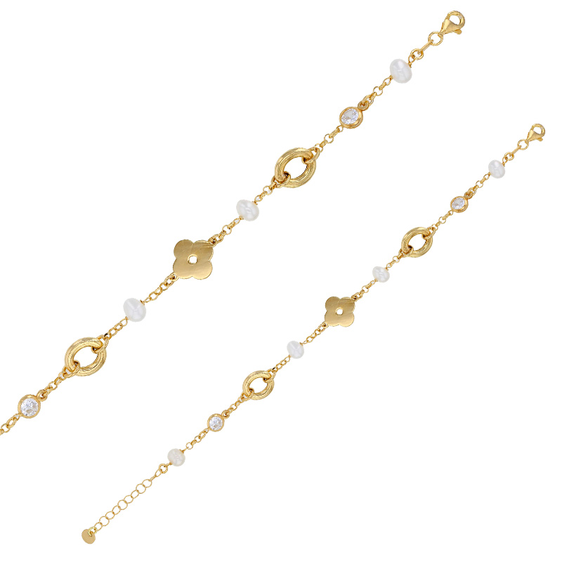 Bracelet 1 fleur, 4 perles de culture d'eau douce, 2 ronds avec oxydes, argent 925/1000 doré