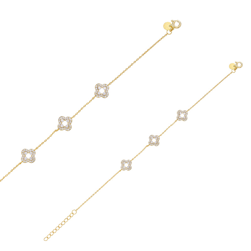 Bracelet 3 fleurs avec oxydes, argent 925/1000 rhodié