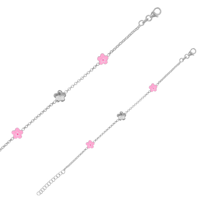 Bracelet 3 fleurs dont 2 émail rose et rouge argent 925/1000 rhodié
